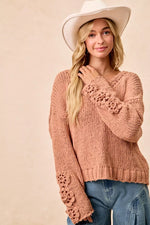 BiBi Chunky Knit Sweater with Flower Detail Sleeves