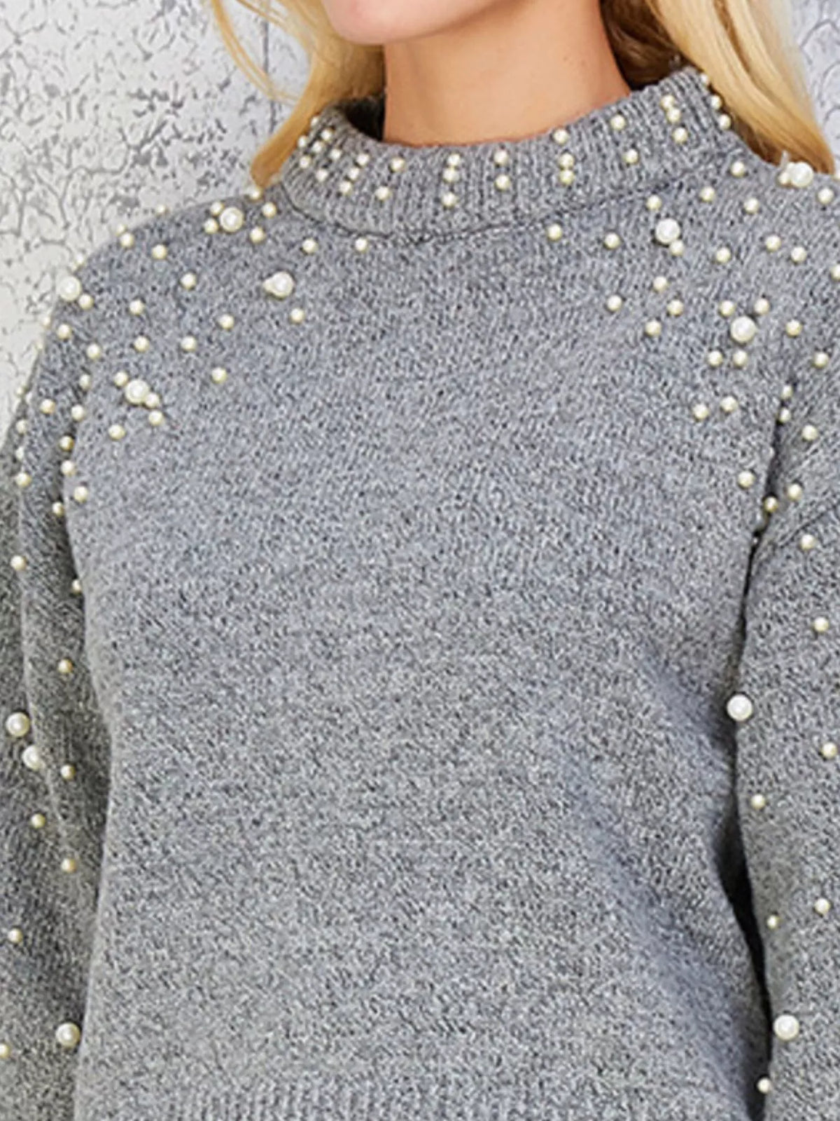 Pearl-Embellished Mock Neck Sweater