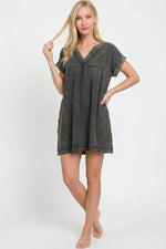 Zenana Washed Double Gauze Raw Edge V-neck Dress