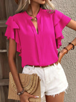 Ruffle Sleeve Notched Blouse - Ladyez