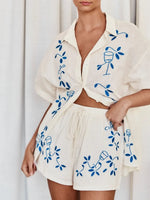 Embroidered Button Up Half Sleeve Top and Shorts Set