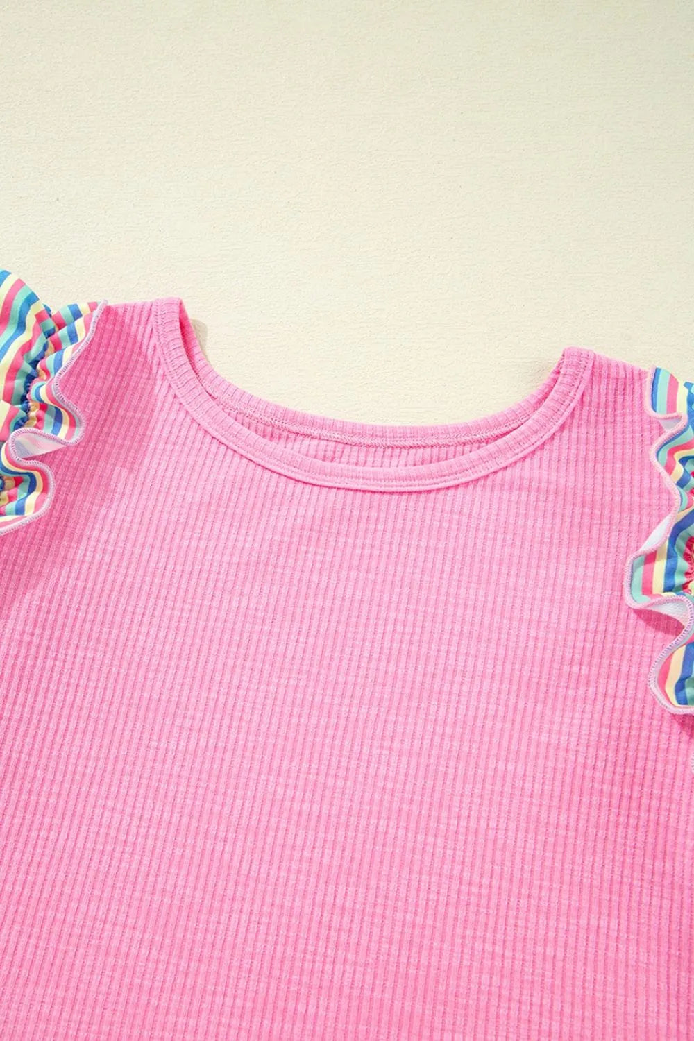 Striped Ruffle Flutter Sleeve Ribbed Blouse