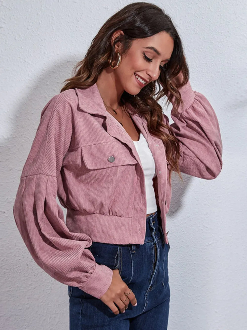 Button Down Collared Neck Cropped Jacket