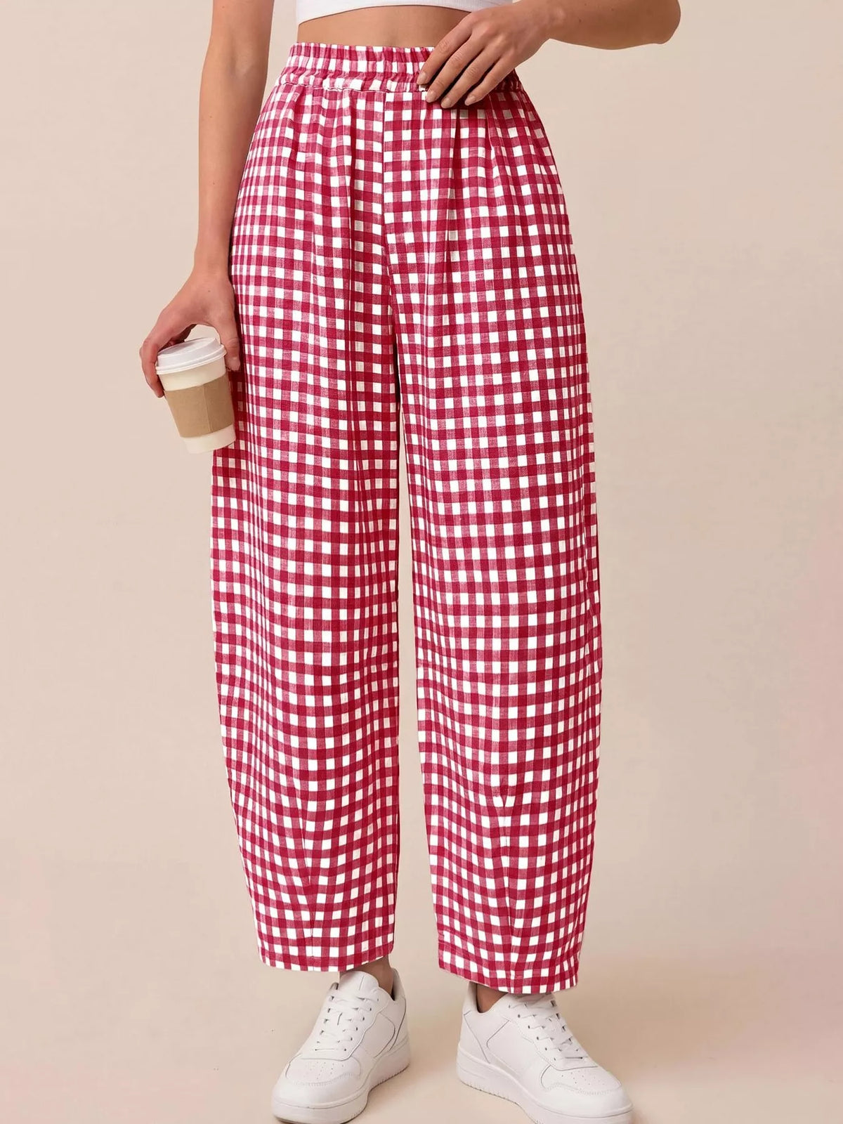 Gingham Wide-Leg Casual Pants