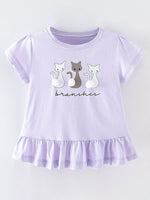 Children's Cats Round Neck Ruffle Hem T-Shirt