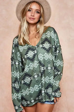 BiBi Aztec Print Brushed Out Stitching Detailed Top