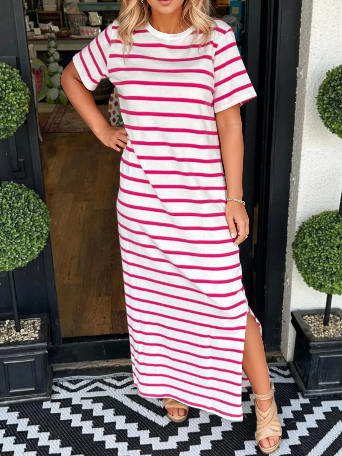 Full Size Striped T-Shirt Maxi Dress with Side Slit Plus Size - Ladyez