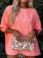 Round Neck Three-Quarter Sleeve Blouse