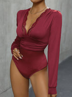 Perfee Lace Detail Plunge Long Sleeve Bodysuit - Ladyez