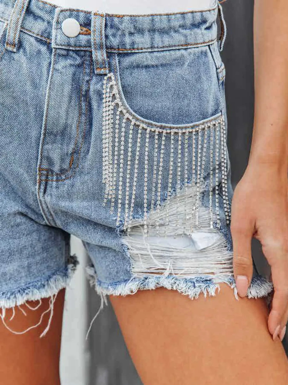 Distressed Fringe Denim Shorts with Pockets - Ladyez