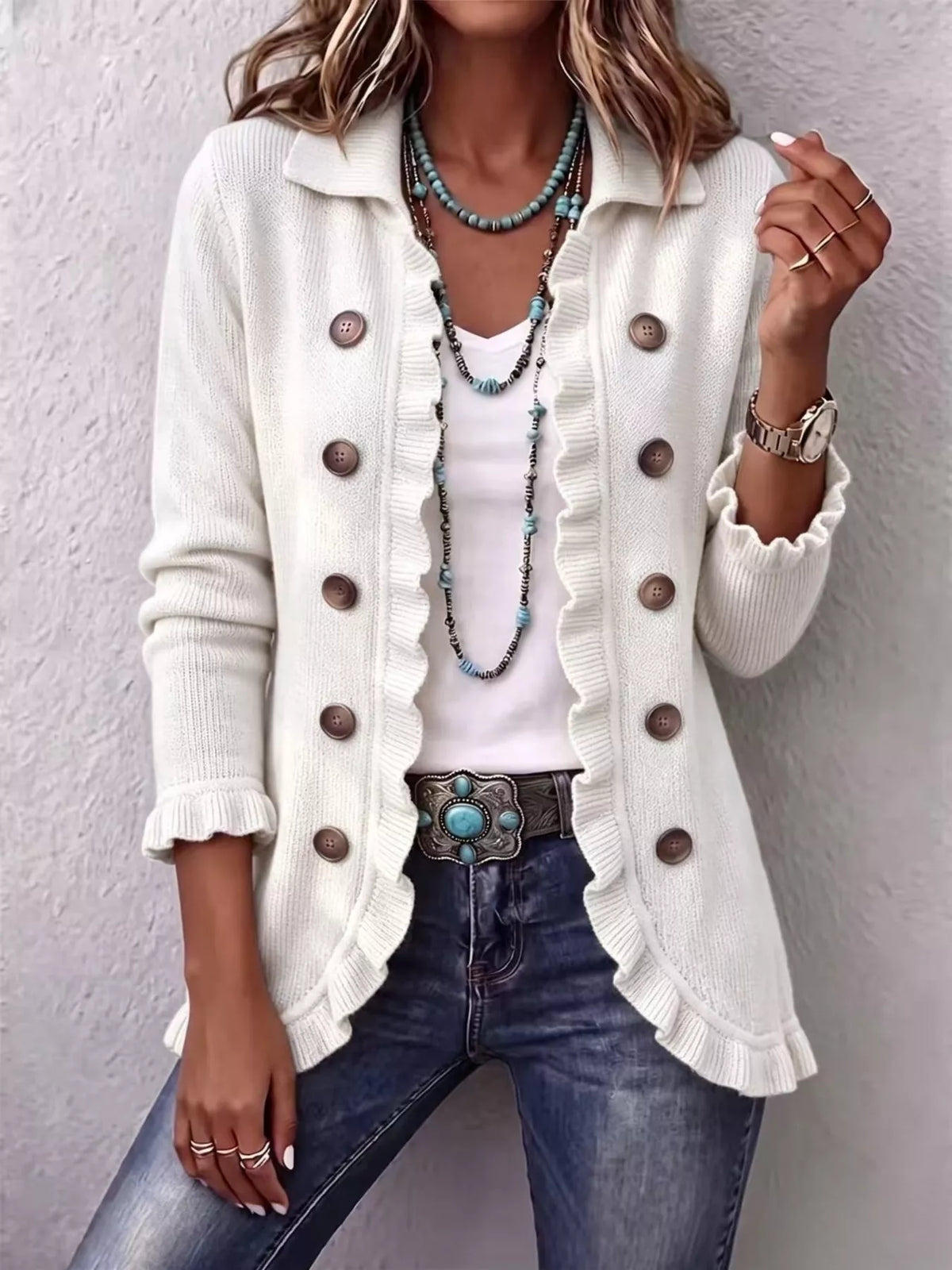 Full Size Ruffled Trim Decorative Button Cardigan Plus Size