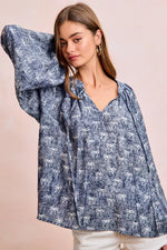 BiBi Ribbon Bow Print Exaggerated Balloon Sleeves Top