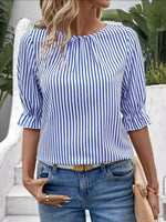 Striped Round Neck Half Sleeve Casual Blouse - Ladyez