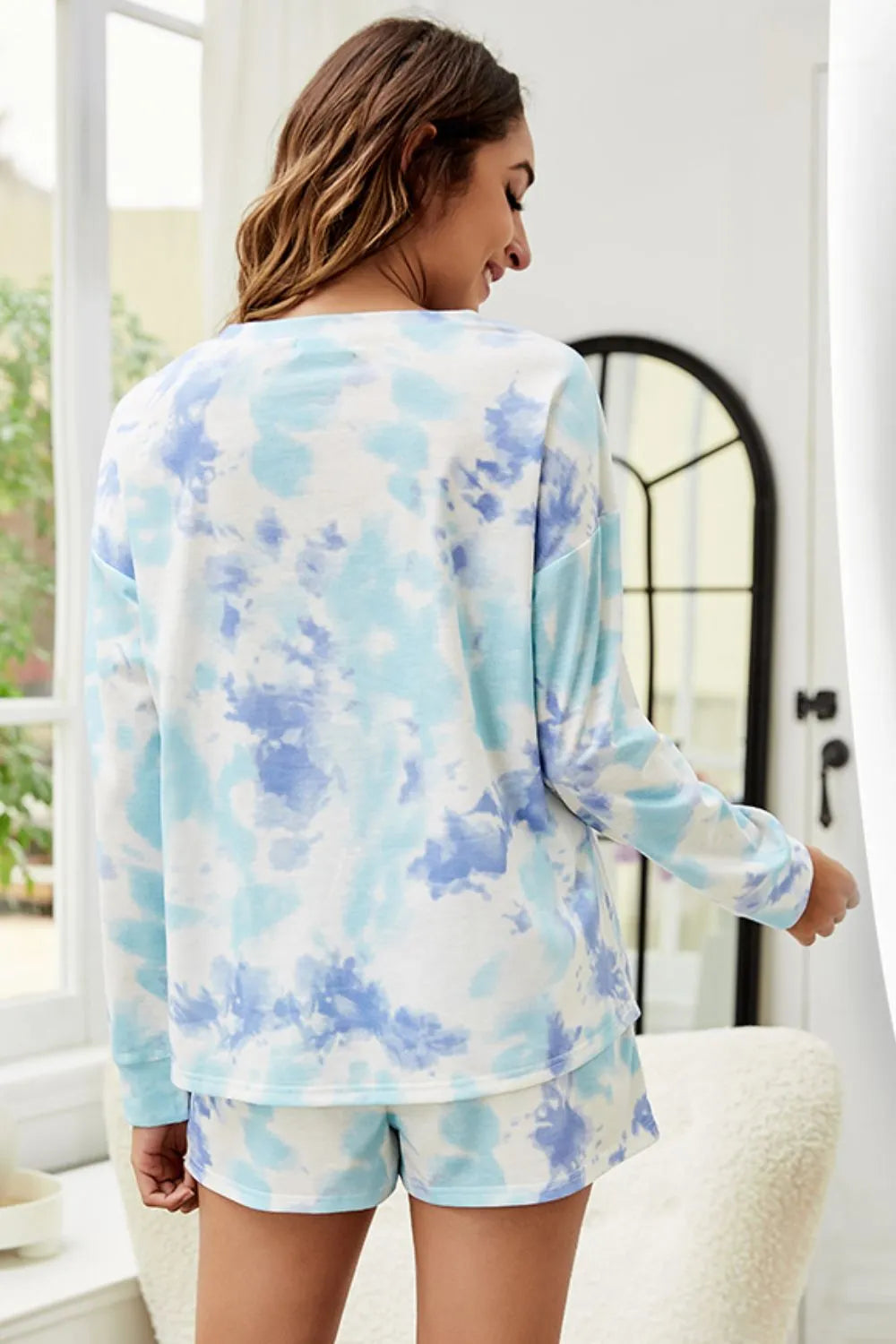 Shiny Tie-Dye Dropped Shoulder Top and Shorts Lounge Set - Ladyez