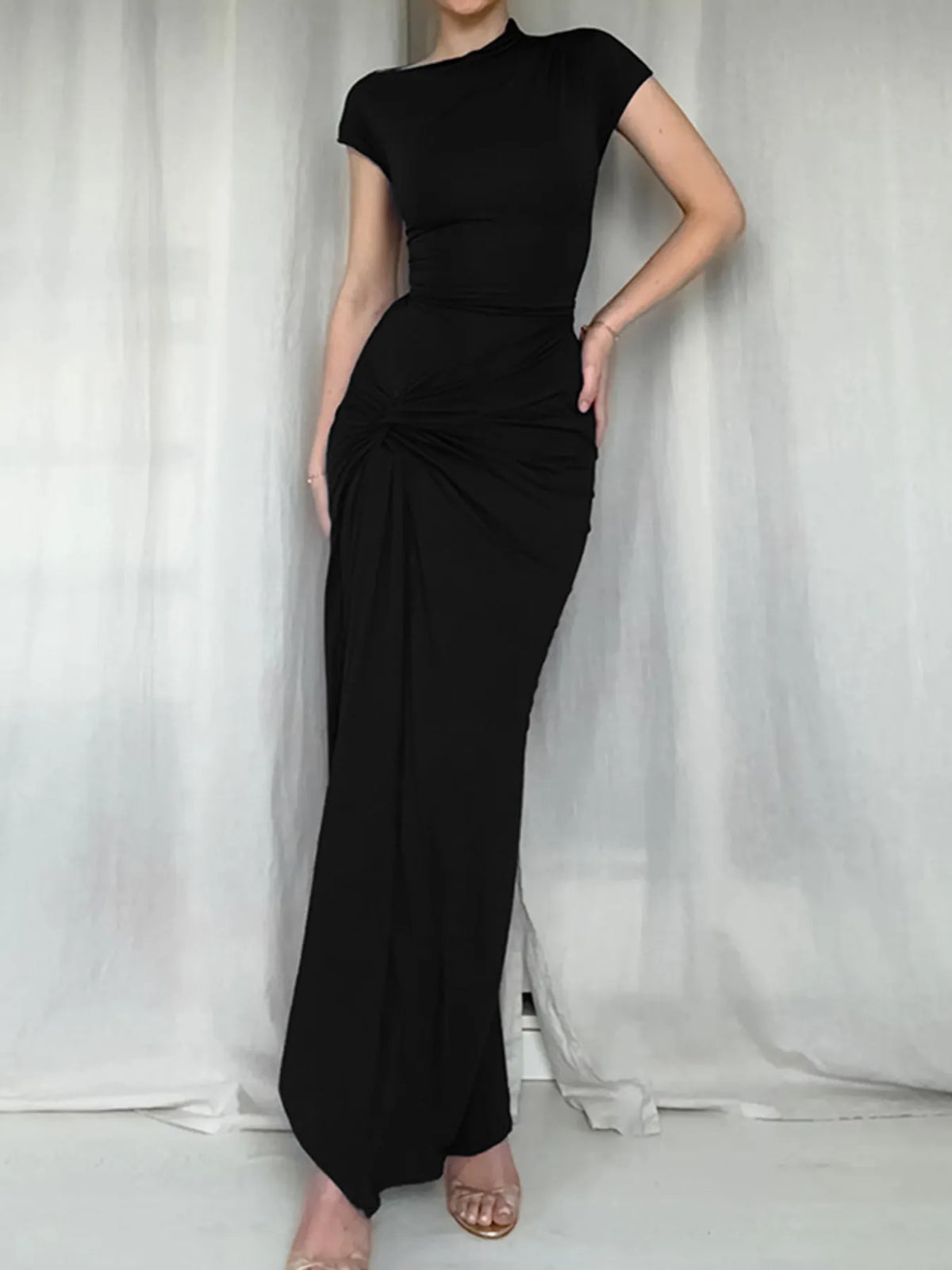 Ruched Slit Cap Sleeve Maxi Dress - Ladyez