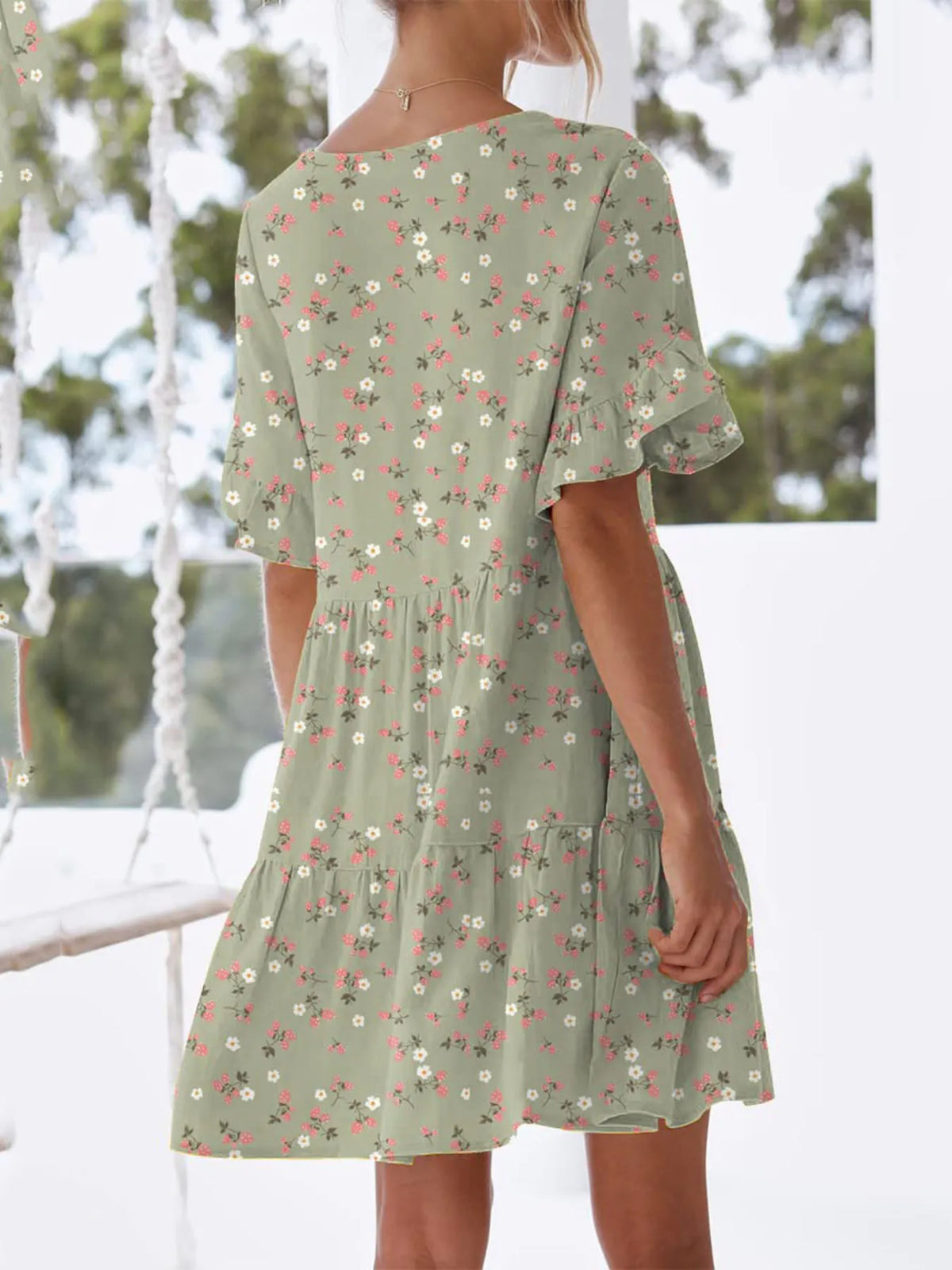 Polka Dot V-Neck Short Sleeve Mini Dress - Ladyez