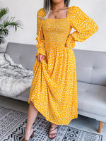 Smocked Square Neck Flounce Sleeve Dress - Ladyez