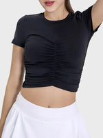 Millennia Ruched Round Neck Short Sleeve Active T-Shirt - Ladyez