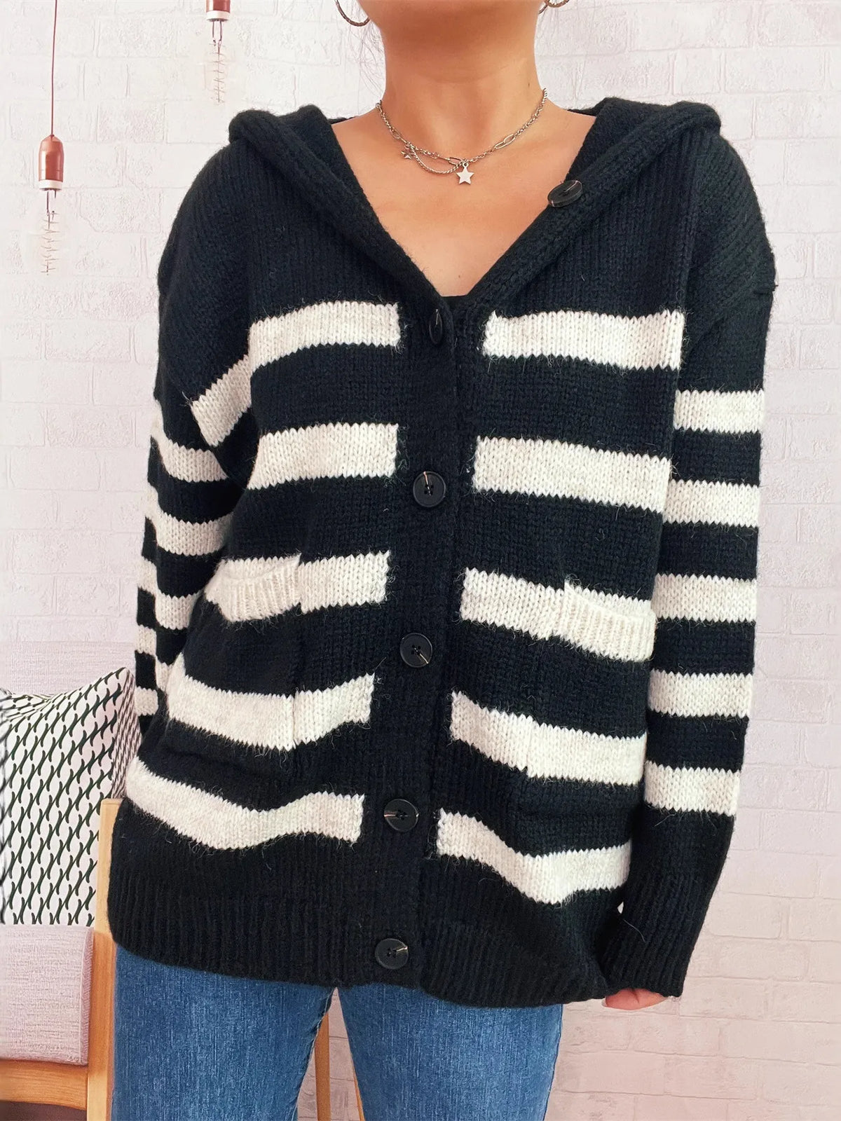 Striped Button-Up Hooded Cardigan