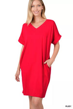 Zenana Brushed Dty Rolled Short Sleeve V-Neck Dress