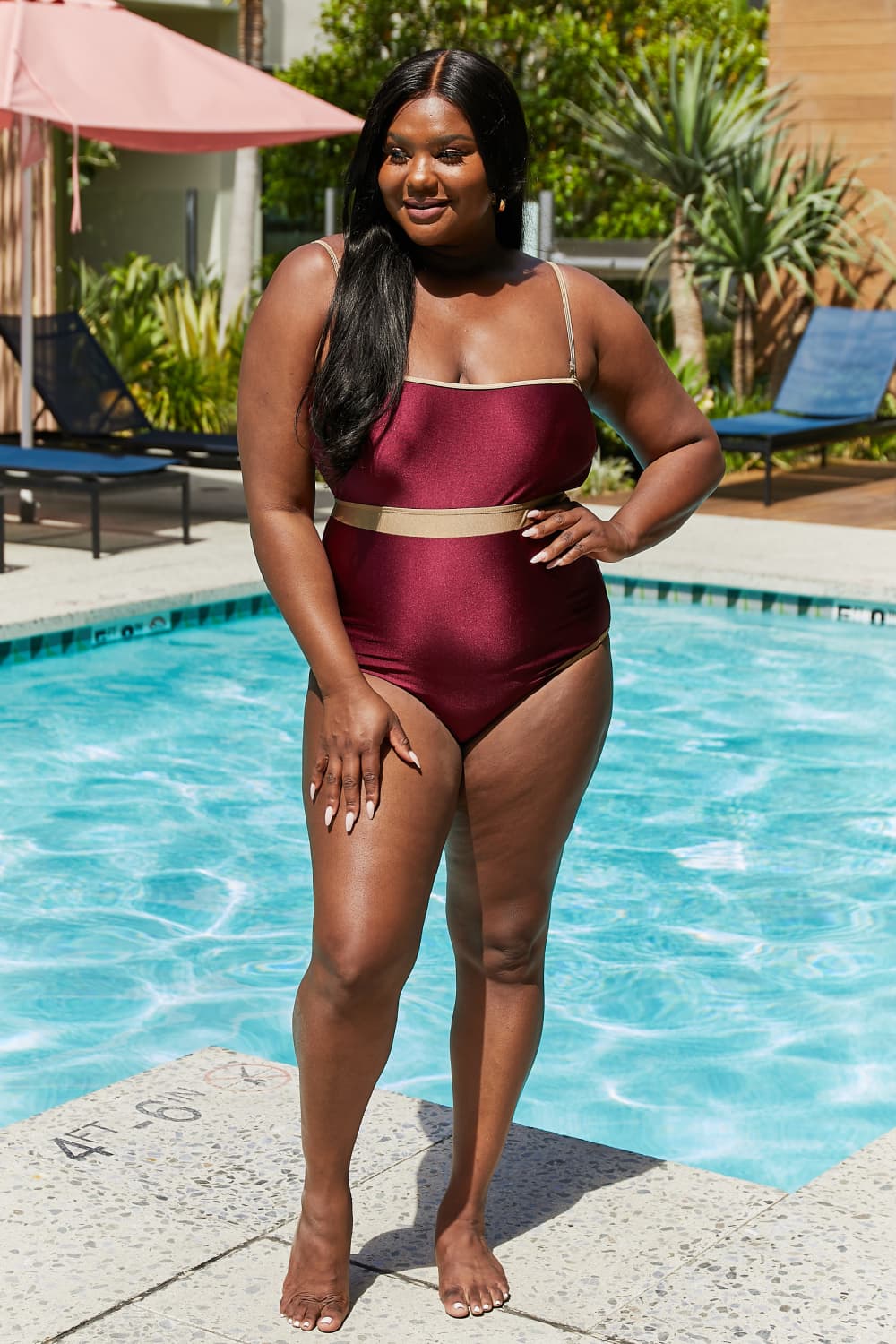 Marina West Swim Wave Break Contrast Trim One-Piece in Wine - Ladyez
