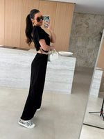 Drawstring Crop Top and Wide-Leg Pants Set