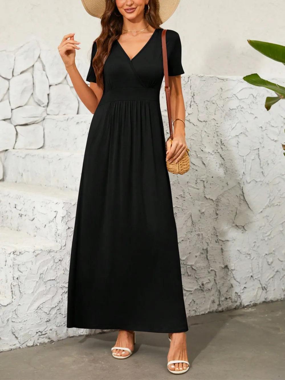 Surplice Short Sleeve Maxi Dress - Ladyez