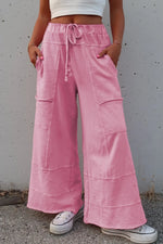 Mineral Wash Exposed Seam Drawstring High Waist Wide Leg Cargo Pants