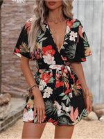 Printed Surplice Half Sleeve Tie Waist Romper - Ladyez