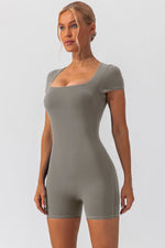 Square Neck Cap Sleeve Active Romper - Ladyez