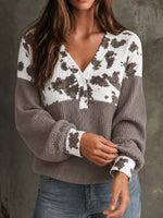 Cow Print Color Block Waffle Knit Blouse