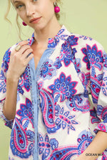 Umgee Paisley Print Button Front Blouse with Scallop Trim Detail