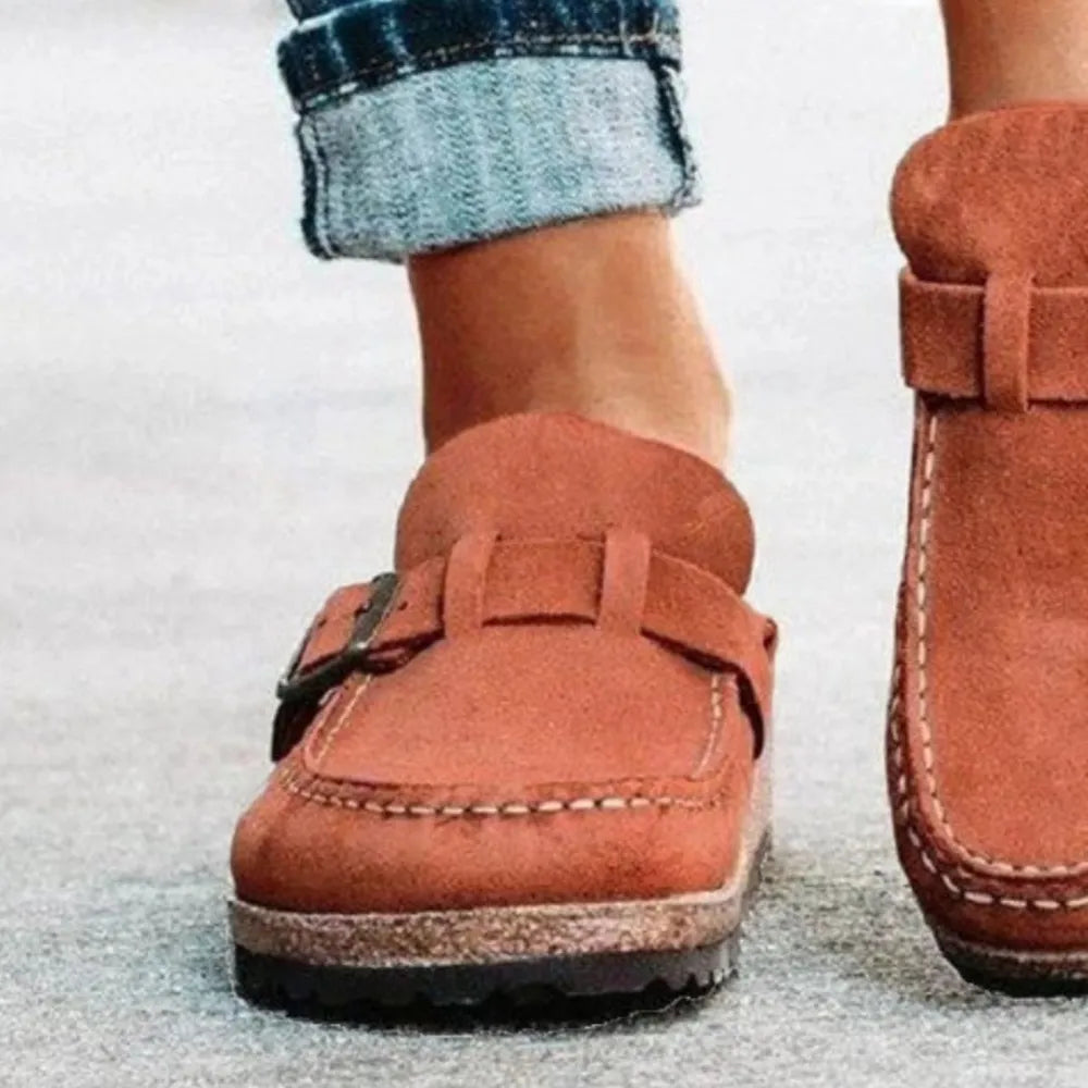Round Toe Low Heel Buckle Loafers - Ladyez