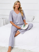 Printed V-Neck Top and Pants Lounge Set - Ladyez