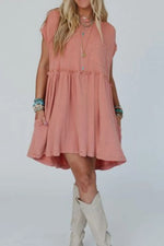 Corded Knit Textured Patched Pocket Frilled Swing Mini Dress with Pockets