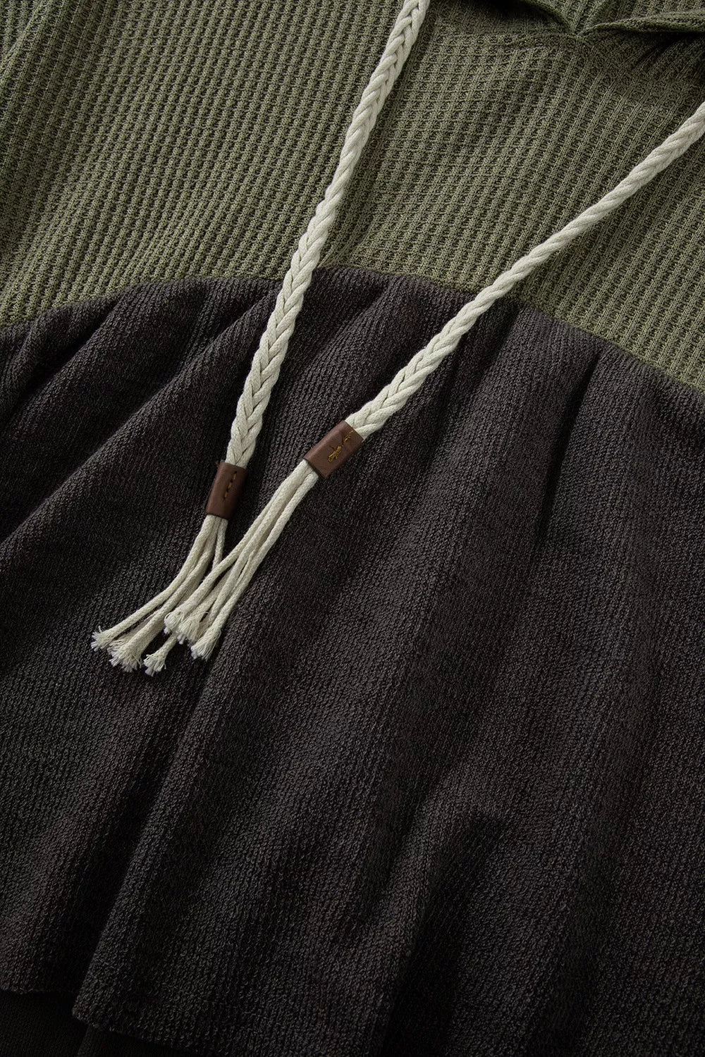 Color Block Waffle Knit Raw Hem Hoodie