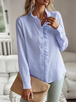 Striped Ruffle Detail Button-Up Blouse - Ladyez