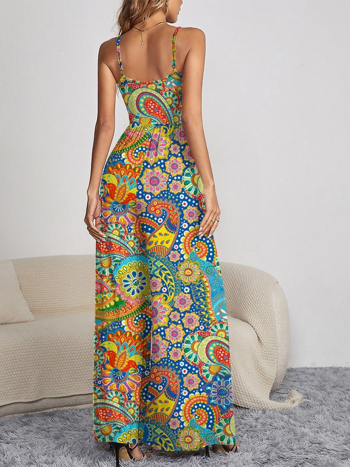 FAM-FAM Decorative Button Spaghetti Strap Wide Leg Jumpsuit - Ladyez