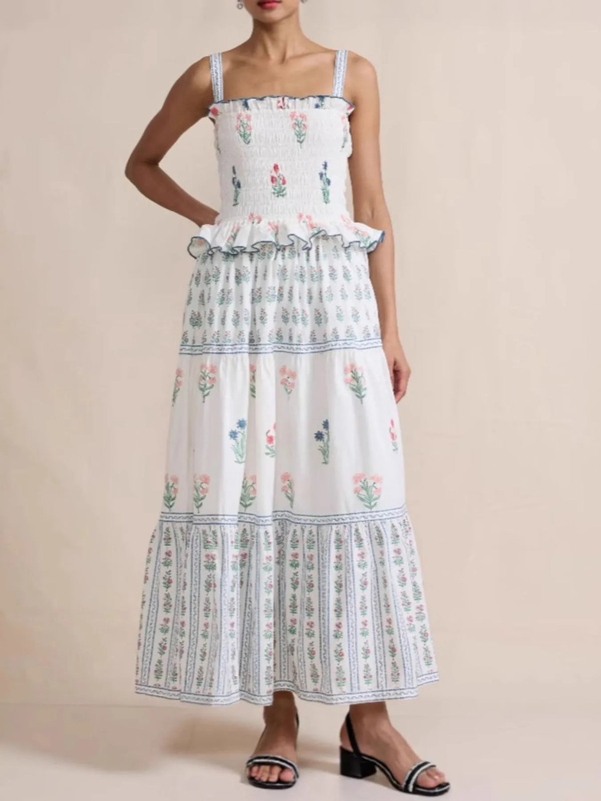 Bohemian Floral Print Smocked Tiered Maxi Dress - Ladyez