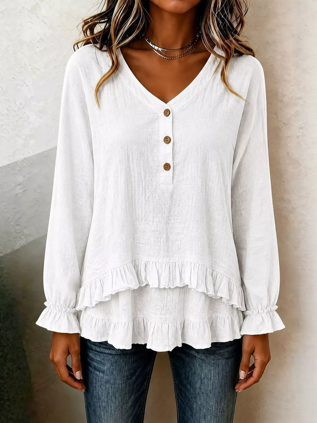 Ruffled Hem Long Sleeve Blouse