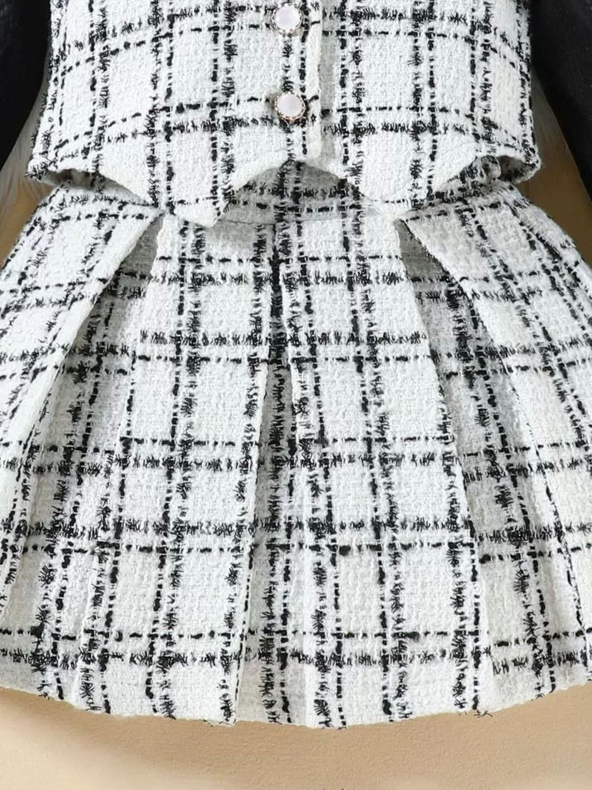 Children's Long Sleeve Top & Plaid Vest & Pleated Skirt Set
