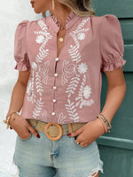 Embroidered Frill Notched Short Sleeve Blouse - Ladyez