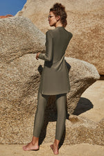 Slit Mock Neck Long Sleeve Top and Pants Swim Set - Ladyez