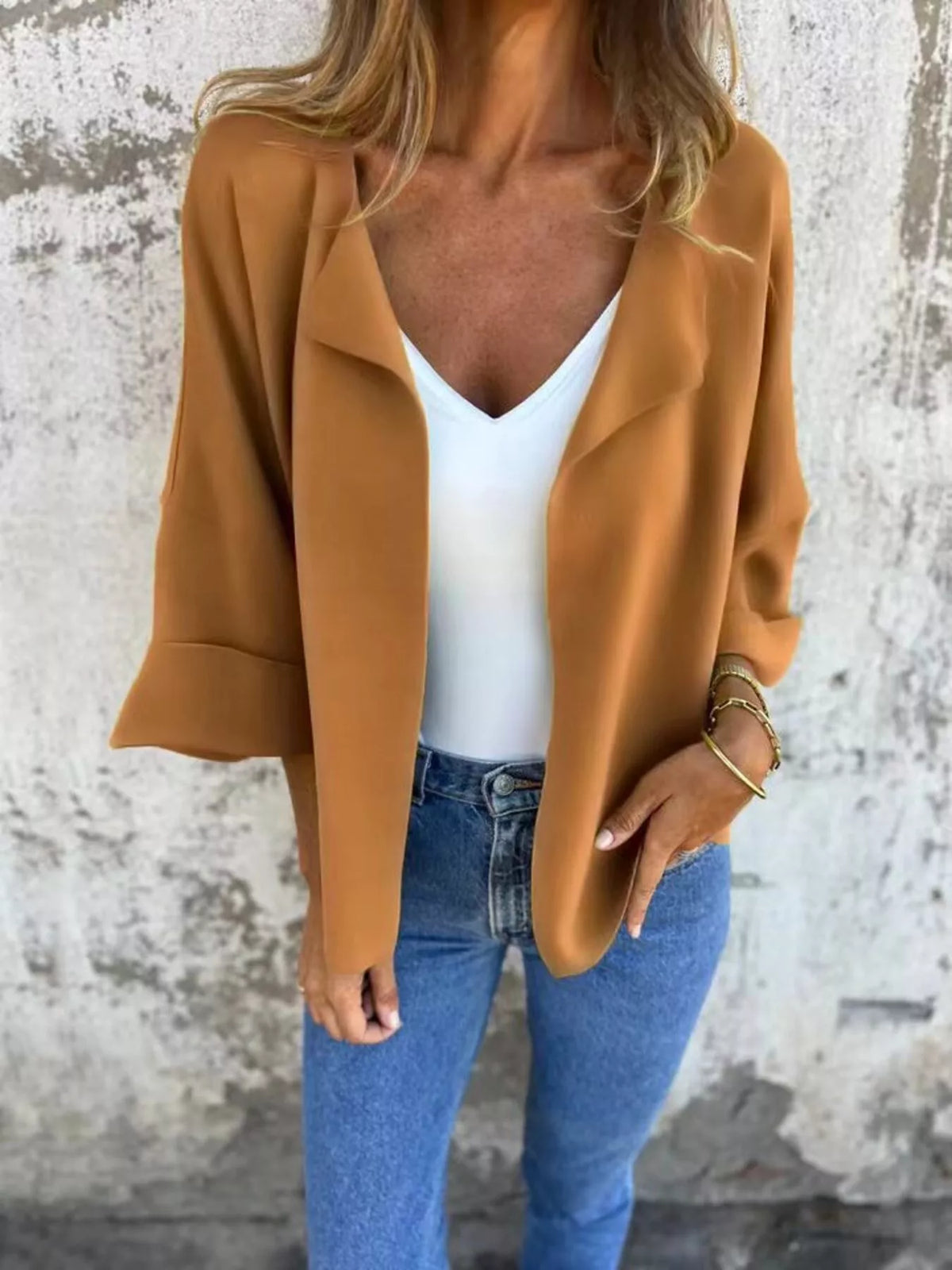 Full Size Open Front 3/4 Sleeve Casual Cardigan Plus Size