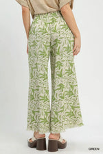 Umgee Linen Printed Wide Leg Raw Hem Pants