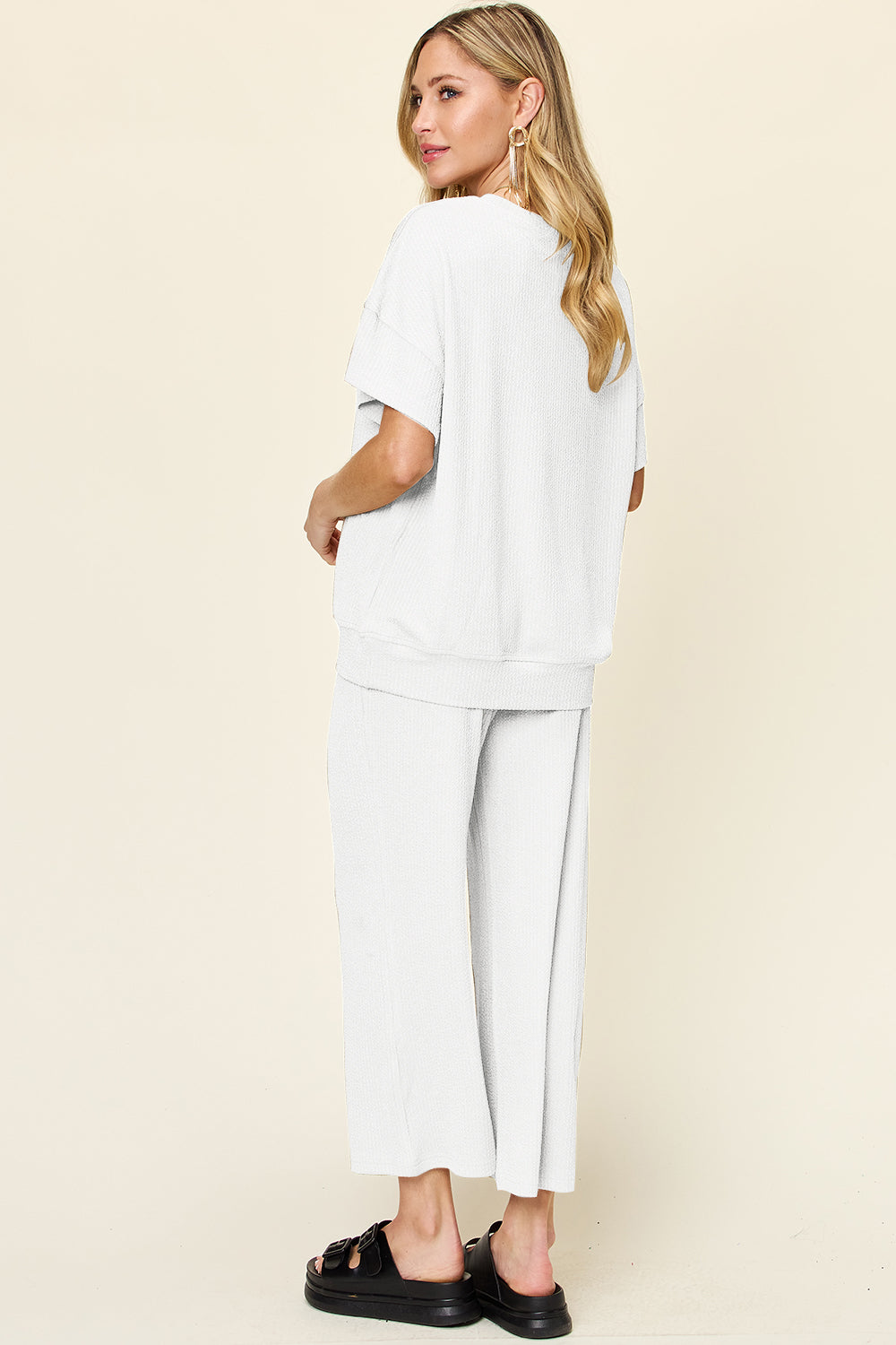 Double Take Full Size Texture Round Neck Short Sleeve T-Shirt and Wide Leg Pants - Ladyez