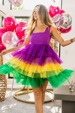 BiBi Mardi Gras Color Block Layered Mesh Tiered Dress - Ladyez