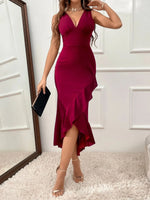 Ruffle Hem V-Neck Bodycon Dress - Ladyez