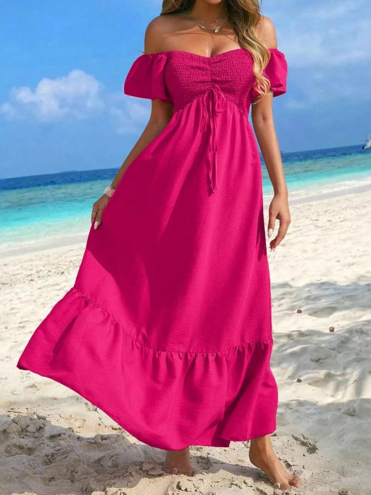 Off-Shoulder Smocked Maxi Dress with Ruffle Hem - Ladyez