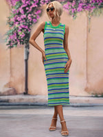 Striped Round Neck Sleeveless Midi Cover Up Dress - Ladyez